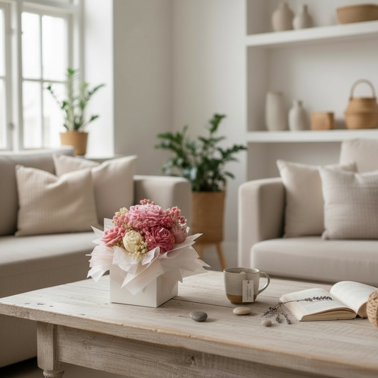 Romanttinen vaaleanpunainen pioni kynttiläkimppu lahjapakkauksessa – 100% soijavaha, käsintehty Suomessa