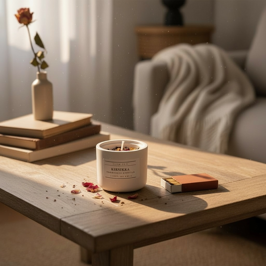 Luonnollinen kirsikka-tuoksukynttilä 100 % soijavahasta, käsintehty kipsipurkki suojakäsitelty, koristeena kuivattuja kukkia – romanttinen sisustuskynttilä Flow F