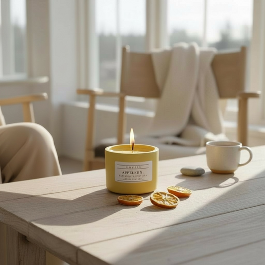 Flow Flo Appelsiini -tuoksukynttilä keltaisessa kipsipurkissa, appelsiinin tuoksu, käsintehty Suomessa – ekologinen ja turvallinen kynttilä sitruksen ystäville