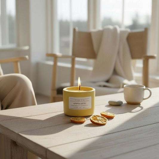 Flow Flo Appelsiini -tuoksukynttilä keltaisessa kipsipurkissa, appelsiinin tuoksu, käsintehty Suomessa – ekologinen ja turvallinen kynttilä sitruksen ystäville