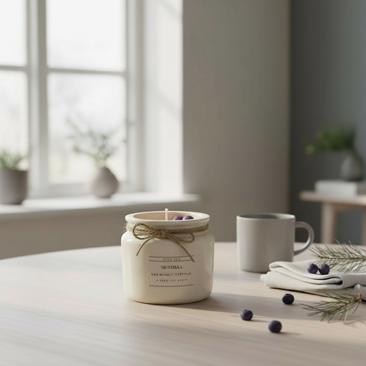 Raikas Mustikka tuoksukynttilä Flow Flo -sarjasta, 100 % luonnollinen soijavaha, kaunis valkoinen purkki narukoristeella – suomalainen metsän marjainen käsintehty kynttilä mustikoiden kanssa.