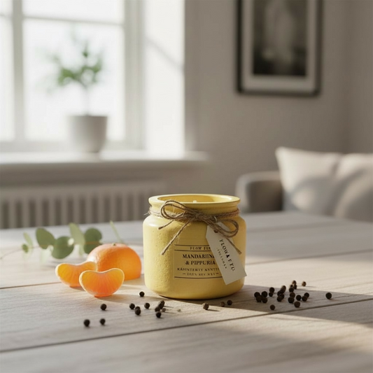 Käsintehty ekologinen tuoksukynttilä Mandariini & Pippuri Flow Flolta vaaleankeltaisessa purkissa, narukoriste ja tuoreita mandariineja sekä pippureita puupöydällä – pirteä luonnollinen soijavaha kynttilä kotiin.