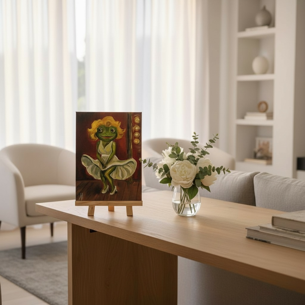 Humoristinen sammakkotaulu glamour-tyylissä, alkuperäinen öljymaalaus kankaalle