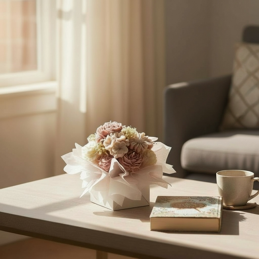 Pehmeä nudesävyinen pioni kynttiläkimppu lahjapakkauksessa – 100% soijavaha, käsintehty Suomessa