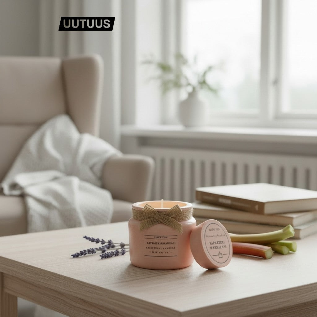 Ekologinen soijavahakynttilä Raparperimarmeladi lähikuvassa – pehmeä persikkapurkki, luonnollinen juuttinauha ja raikas raparperi-marmeladi-tunnelma