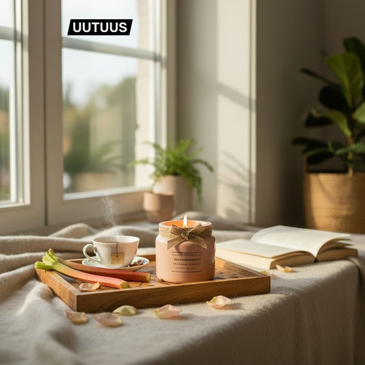 Flow-Flo Raparperimarmeladi -tuoksukynttilä: kaunis persikan sävyinen keraaminen purkki, minimalistinen etiketti, käsin sidottu juuttirusetti, 100% ekologinen soijavaha