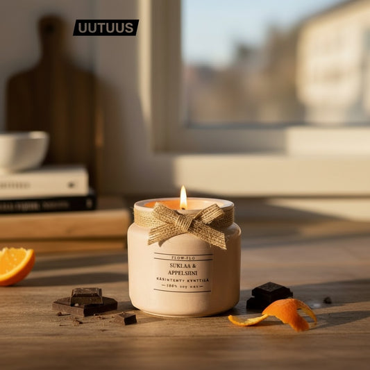 Flow-Flo Suklaa ja Appelsiini -tuoksukynttilä: minimalistinen beige keraaminen purkki, käsin sidottu juuttirusetti, 100% ekologinen soijavaha makealla suklaa-appelsiini-aromilla