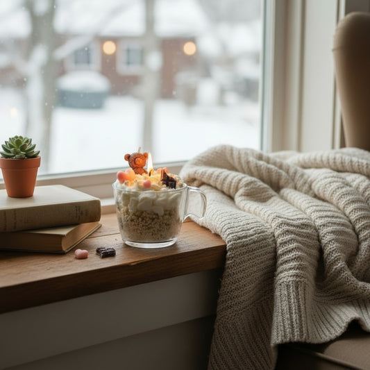 Karhun unelma -koristekynttilä: soijavahasta tehty jälkiruoka-muki kahvalla, pehmeä kerma, beige crumble ja pieni teddy bear päällä