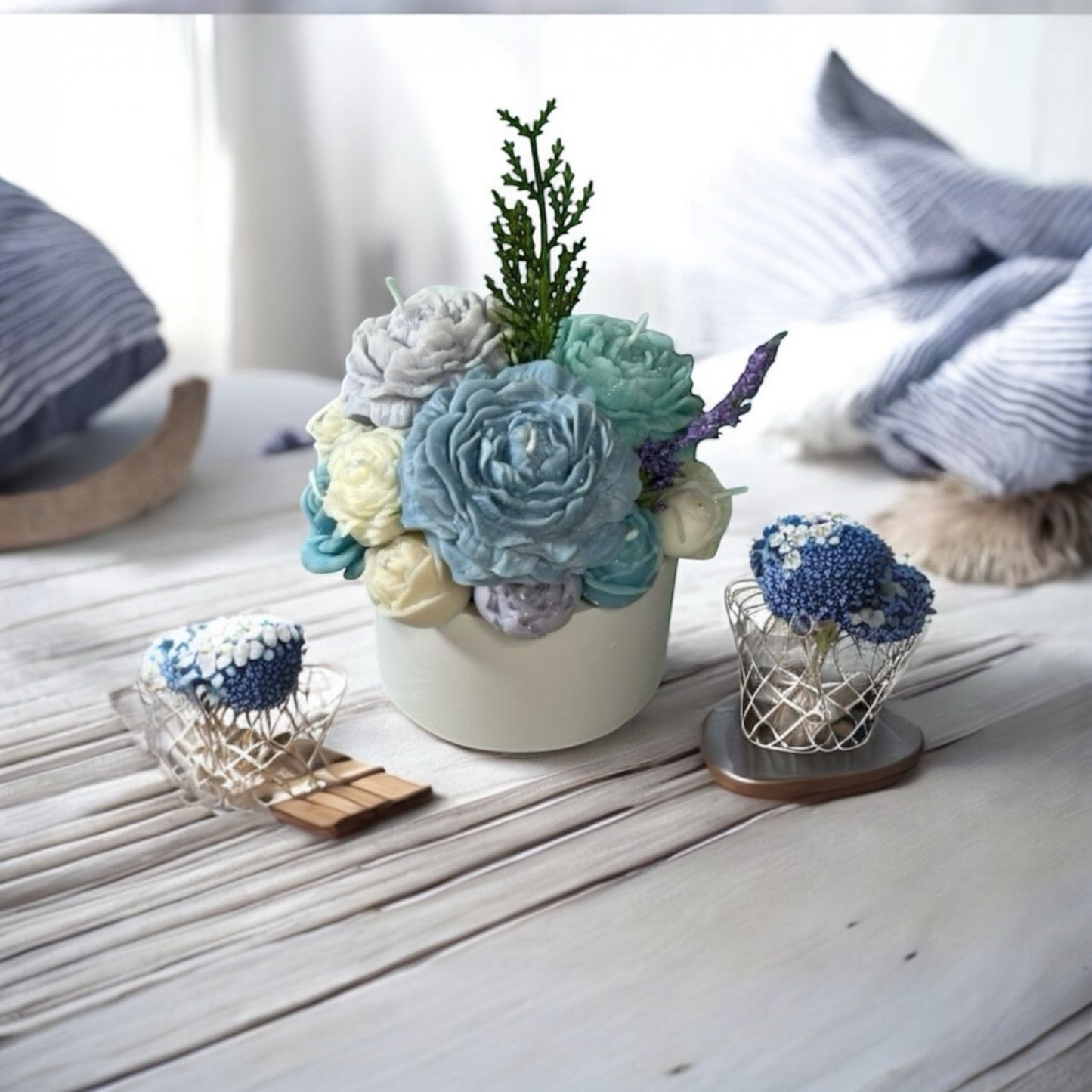 Arctic Elegance Candle Bouquet, a glowing arrangement of handmade candles crafted from natural soy candle wax