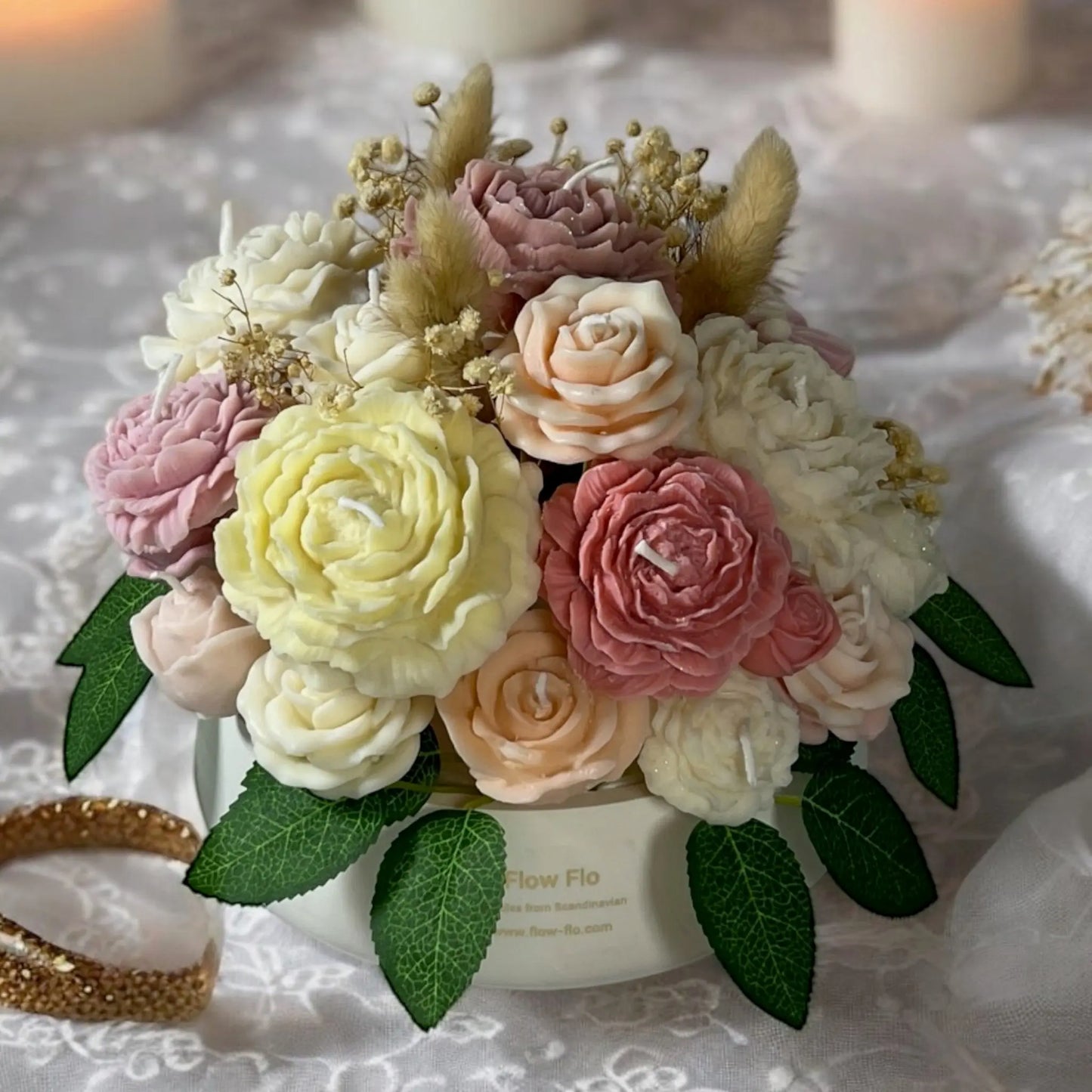 Artistic close-up of the large Classic Elegance bouquet – sculpted flower candles capturing the essence of timeless beauty