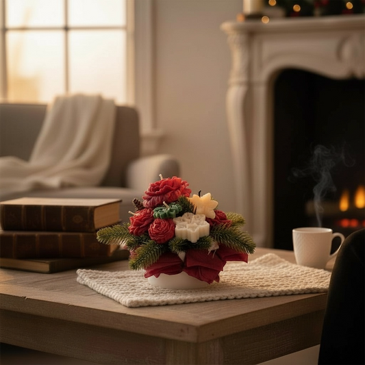 Jouluinen käsintehty kynttiläkimppu olohuoneen pöydällä takkatulen äärellä.