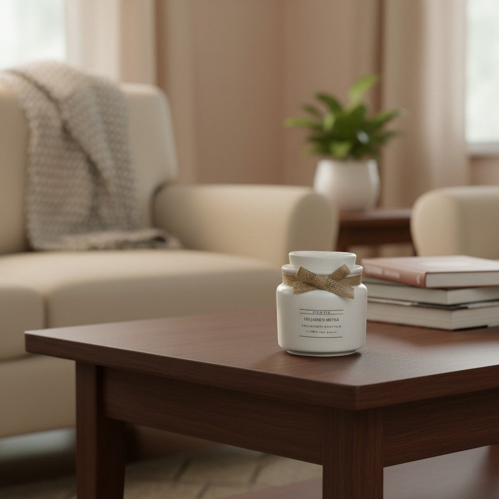 Flow-Flo white ceramic jar candle with jute bow, handmade soy wax, 'Hiljainen Metsä' forest scent.