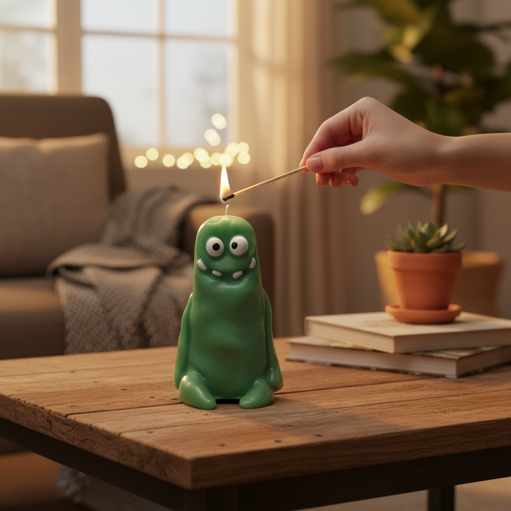 käsintehty monsterikynttilä – hauska violetti hahmokynttilä