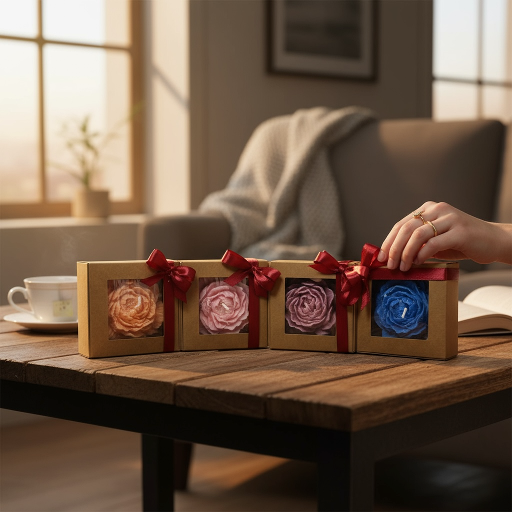 Käsintehdyt kukkakynttilät lahjapakkauksissa puupöydällä, punaisilla ruseteilla koristeltuina, kodikkaassa olohuoneessa.