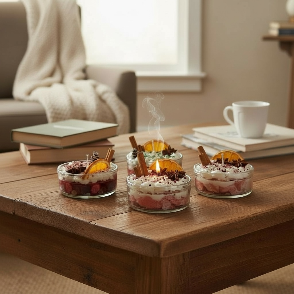 Jouluteemainen desertykynttilä – vihreä soijavaha, kaneli, appelsiinisiivu ja tähtianis