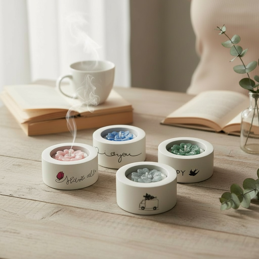 Lämpökynttiläkupeissa olevat kukkamuotoiset lämpökynttilät pöydällä rauhallisessa kotiympäristössä