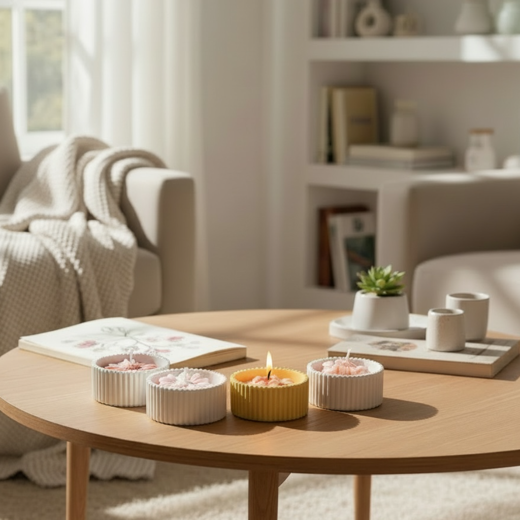 Pienet käsintehdyt kynttilät keraamisissa kupeissa olohuoneen pöydällä, pehmeässä luonnonvalossa.