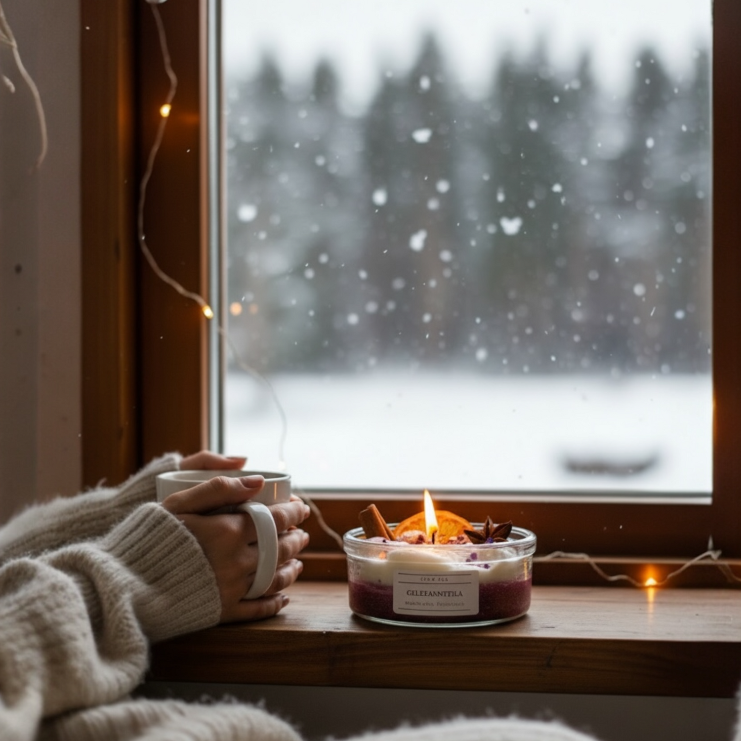 Sytytetty tuoksukynttilä ikkunalaudalla, lämmin valo ja rauhallinen talvi-ilta.