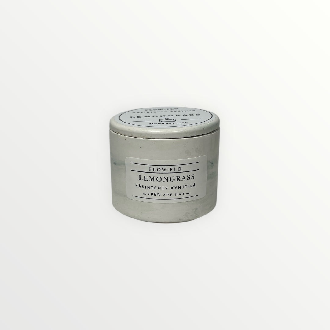Flow Flo Lemongrass -käsintehty tuoksukynttilä vaaleassa kipsipurkissa, 100 % soijavahaa, kuivattu ruusunnuppu päällä – raikas sitruksinen luonnollinen tuoksukynttilä