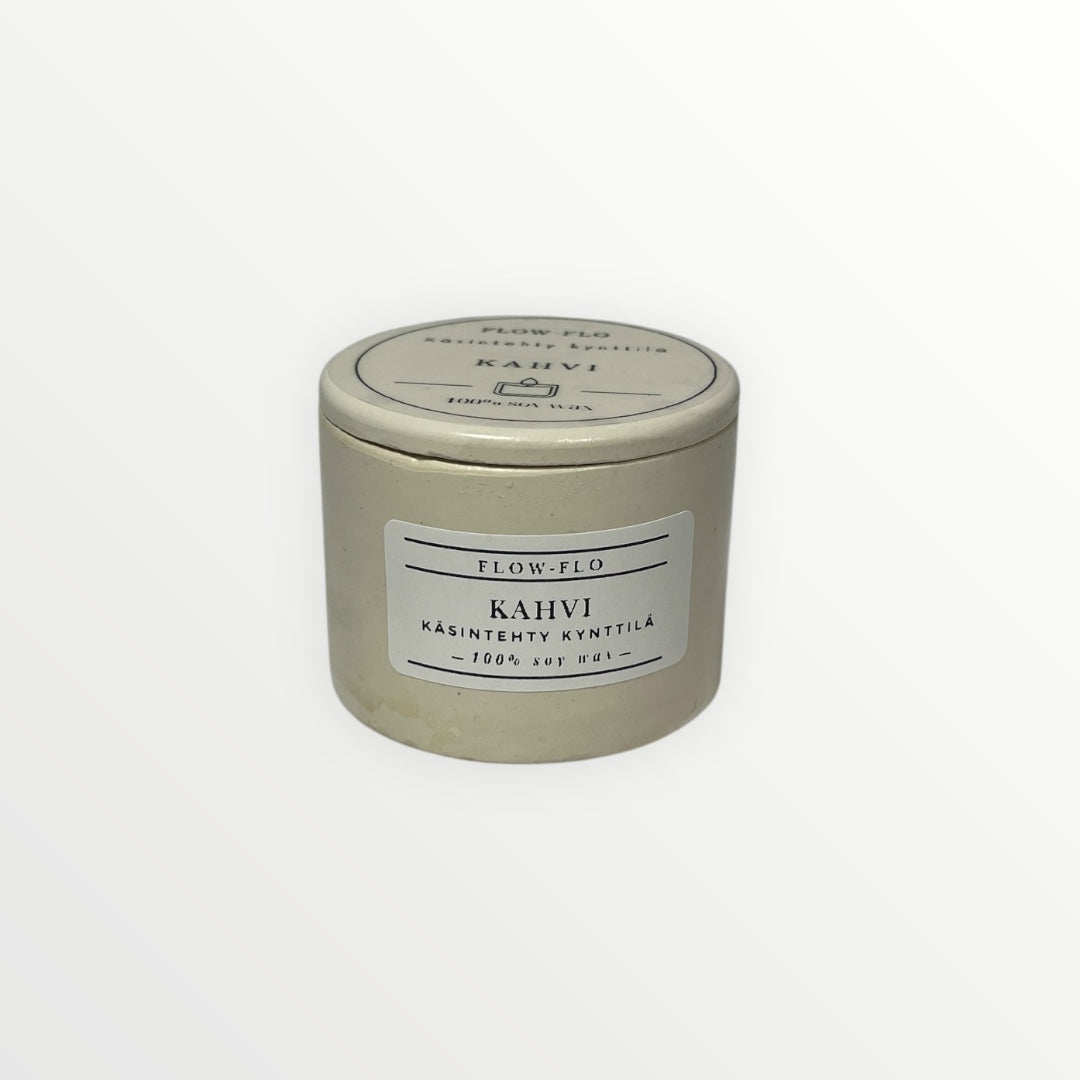 Flow Flo Kahvi -käsintehty tuoksukynttilä vaaleassa kipsipurkissa, 100 % soijavahaa, kahvipavut ympärillä – lämmin paahteinen luonnollinen tuoksukynttilä