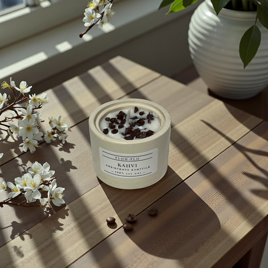 Flow Flo Kahvi kynttilä käsintehdyssä kipsipurkissa, kahvipapuja ja kukkia taustalla – suomalainen käsintehty soijavahakynttilä