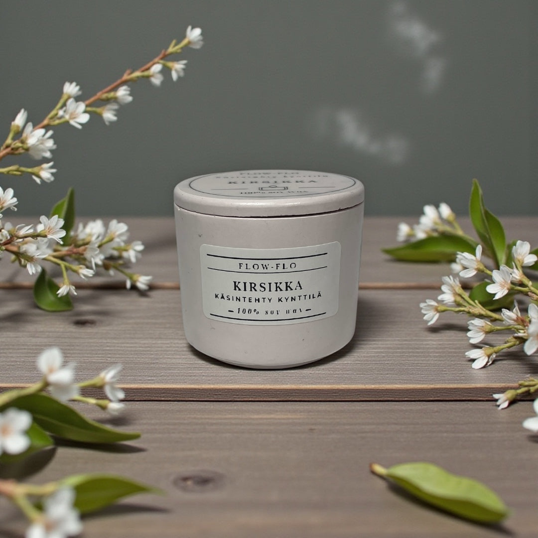 Käsintehty kirsikka-tuoksukynttilä Flow Flo, luonnollinen soijavaha uniikissa kipsipurkissa suojapinnoitteella, koristeltu kuivatuilla kukilla – makea kesäinen aromi kotiin