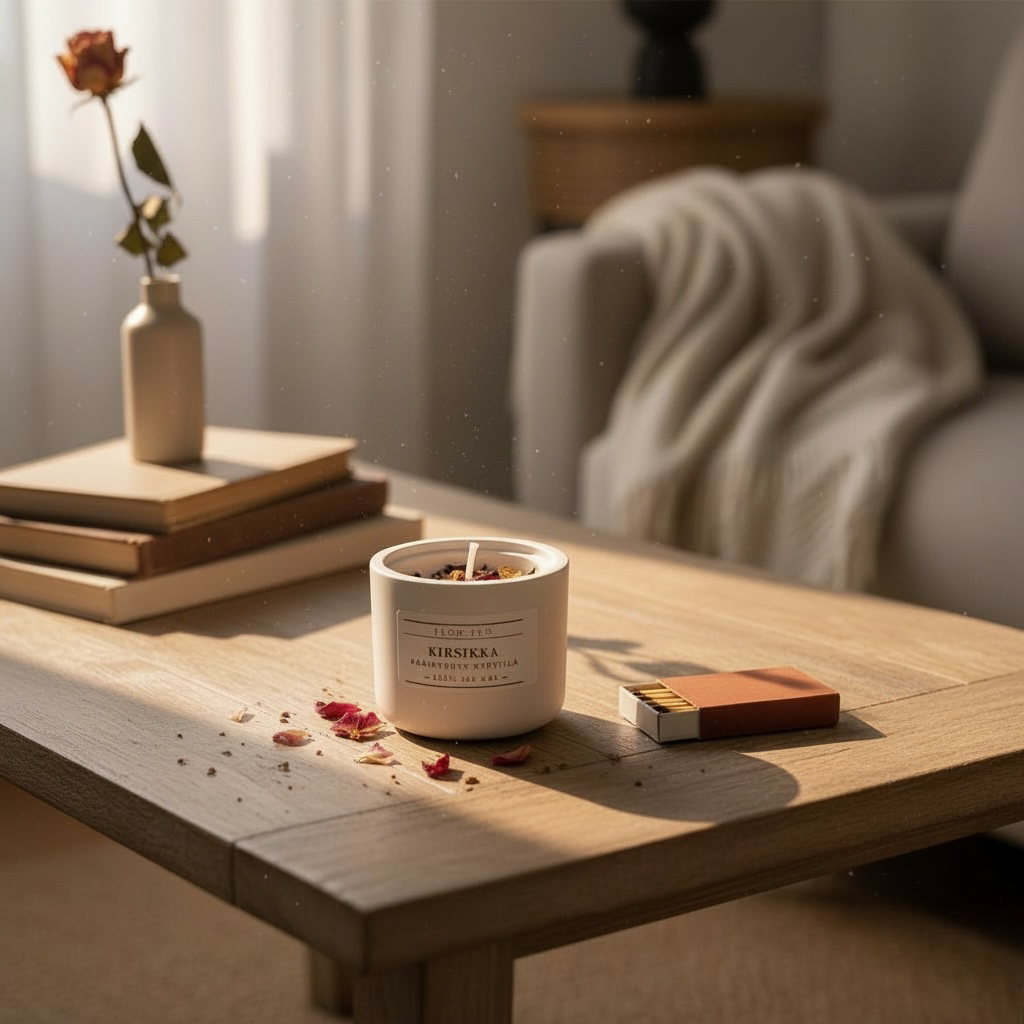 Luonnollinen kirsikka-tuoksukynttilä 100 % soijavahasta, käsintehty kipsipurkki suojakäsitelty, koristeena kuivattuja kukkia – romanttinen sisustuskynttilä Flow F