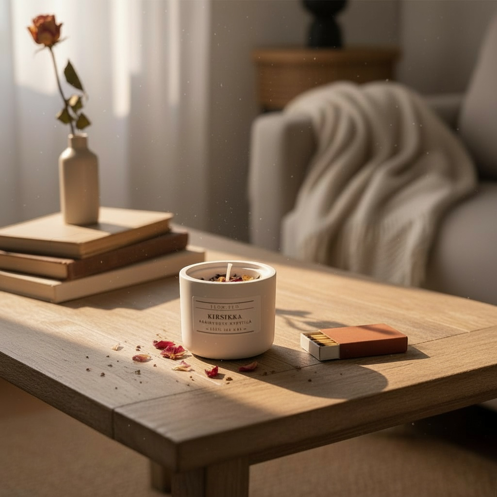 Luonnollinen kirsikka-tuoksukynttilä 100 % soijavahasta, käsintehty kipsipurkki suojakäsitelty, koristeena kuivattuja kukkia – romanttinen sisustuskynttilä Flow F