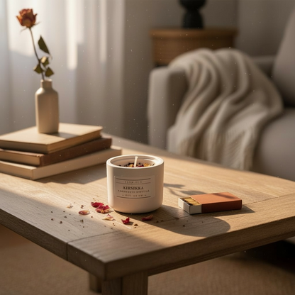 Luonnollinen kirsikka-tuoksukynttilä 100 % soijavahasta, käsintehty kipsipurkki suojakäsitelty, koristeena kuivattuja kukkia – romanttinen sisustuskynttilä Flow F