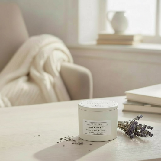 Flow Flo Laventeli -tuoksukynttilä vaaleassa kipsipurkissa, laventelin tuoksu, käsintehty Suomessa – ekologinen ja turvallinen kynttilä
