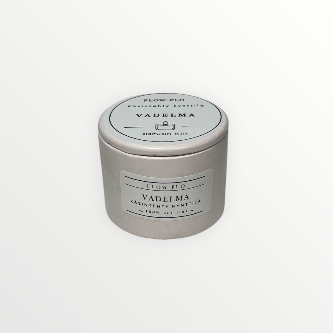 Flow Flo Vadelma -käsintehty tuoksukynttilä valkoisessa kipsipurkissa, 100 % soijavahaa, tuoreita vadelmia ympärillä – mehukas marjainen luonnollinen tuoksukynttilä