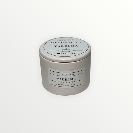 Flow Flo Vadelma -käsintehty tuoksukynttilä valkoisessa kipsipurkissa, 100 % soijavahaa, tuoreita vadelmia ympärillä – mehukas marjainen luonnollinen tuoksukynttilä