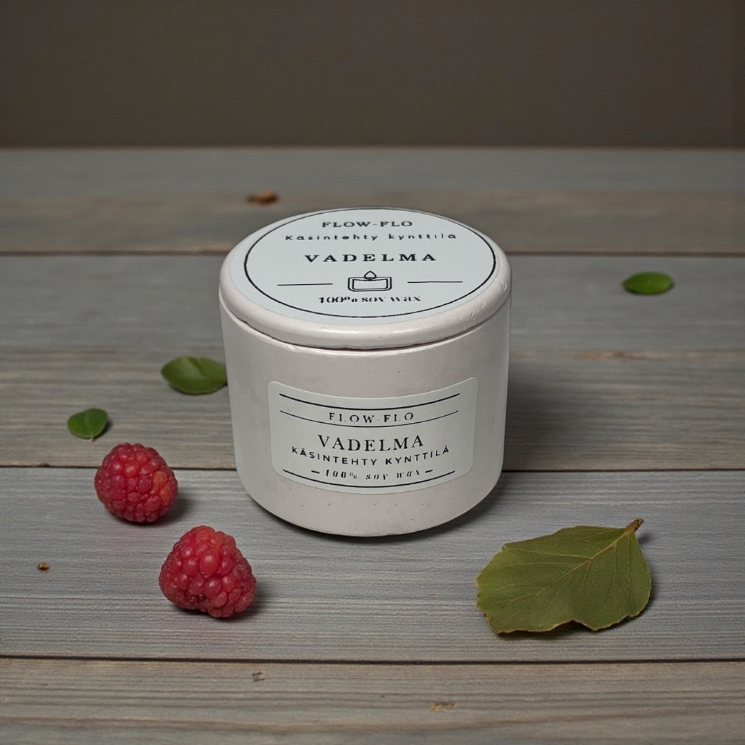 Käsintehty vadelma-tuoksukynttilä Flow Flo, luonnollinen soijavaha uniikissa kipsipurkissa suojapinnoitteella – makea kesäinen marja-aromi kotiin