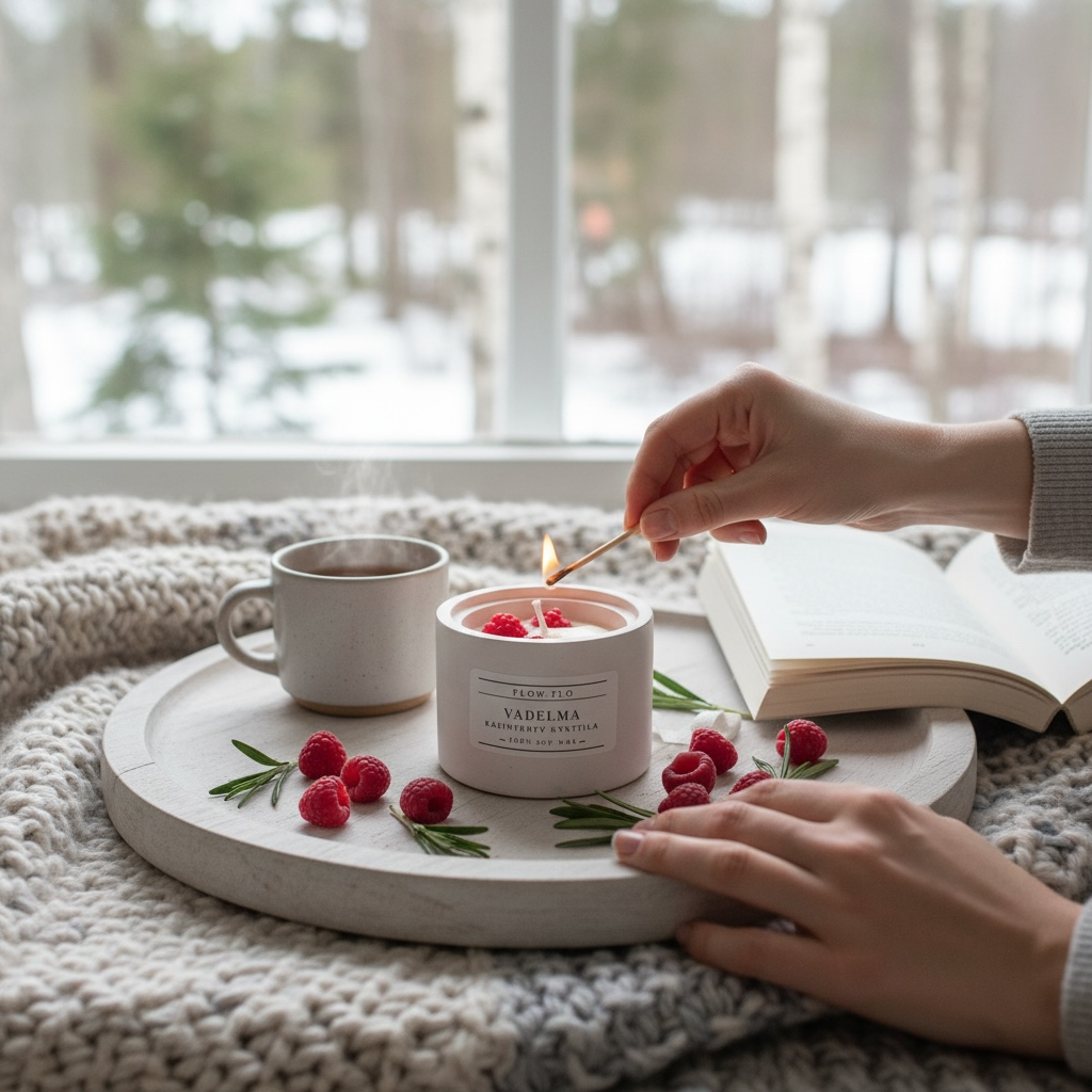 Flow Flo Vadelma -tuoksukynttilä valkoisessa kipsipurkissa, vadelman tuoksu, käsintehty Suomessa – ekologinen ja turvallinen kynttilä marjojen ystäville