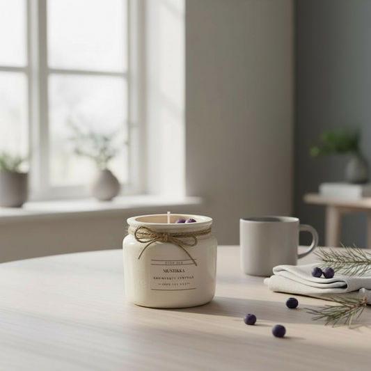 Raikas Mustikka tuoksukynttilä Flow Flo -sarjasta, 100 % luonnollinen soijavaha, kaunis valkoinen purkki narukoristeella – suomalainen metsän marjainen käsintehty kynttilä mustikoiden kanssa.