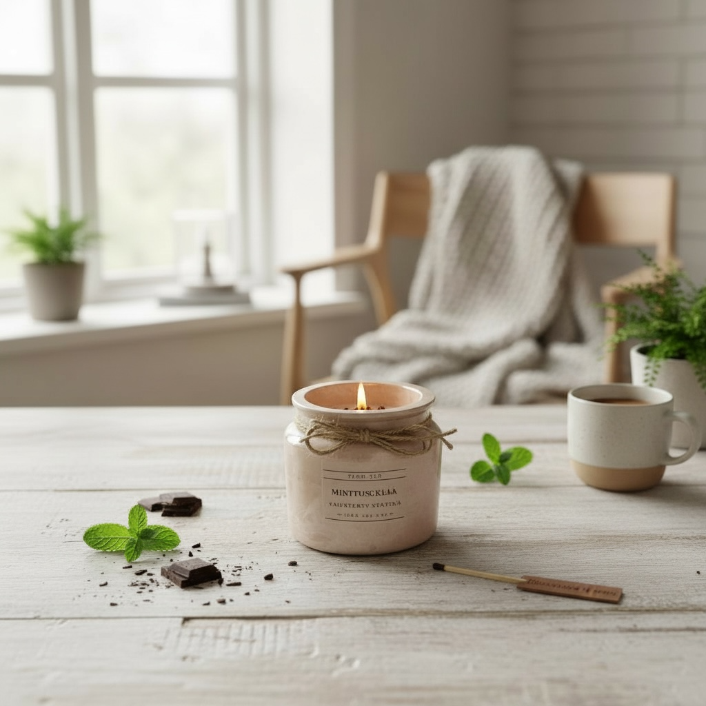 Flow Flo Minttusuklaa -tuoksukynttilä rustiikkisessa vaaleanruskeassa purkissa narukoristeella – virkistävä mintun ja tumman suklaan yhdistelmä, myrkyttömästi palava käsintehty soijavaha kynttilä.