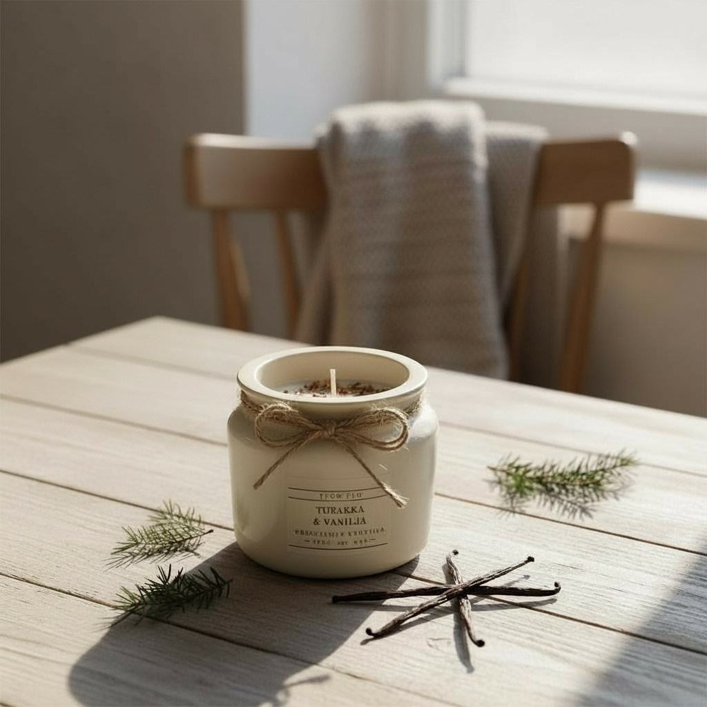 Flow Flo Tabak & Vanilja -tuoksukynttilä rustiikkisessa vaaleanbeigessä purkissa narukoristeella – aikuinen lämmin tuoksu, myrkyttömästi palava käsintehty soijavaha kynttilä kodin tunnelmaan.