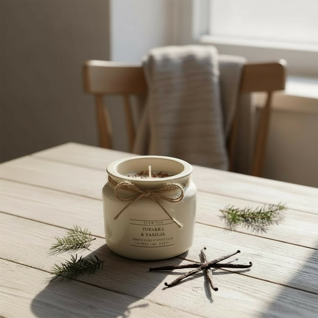 Flow Flo Tabak & Vanilja -tuoksukynttilä rustiikkisessa vaaleanbeigessä purkissa narukoristeella – aikuinen lämmin tuoksu, myrkyttömästi palava käsintehty soijavaha kynttilä kodin tunnelmaan.