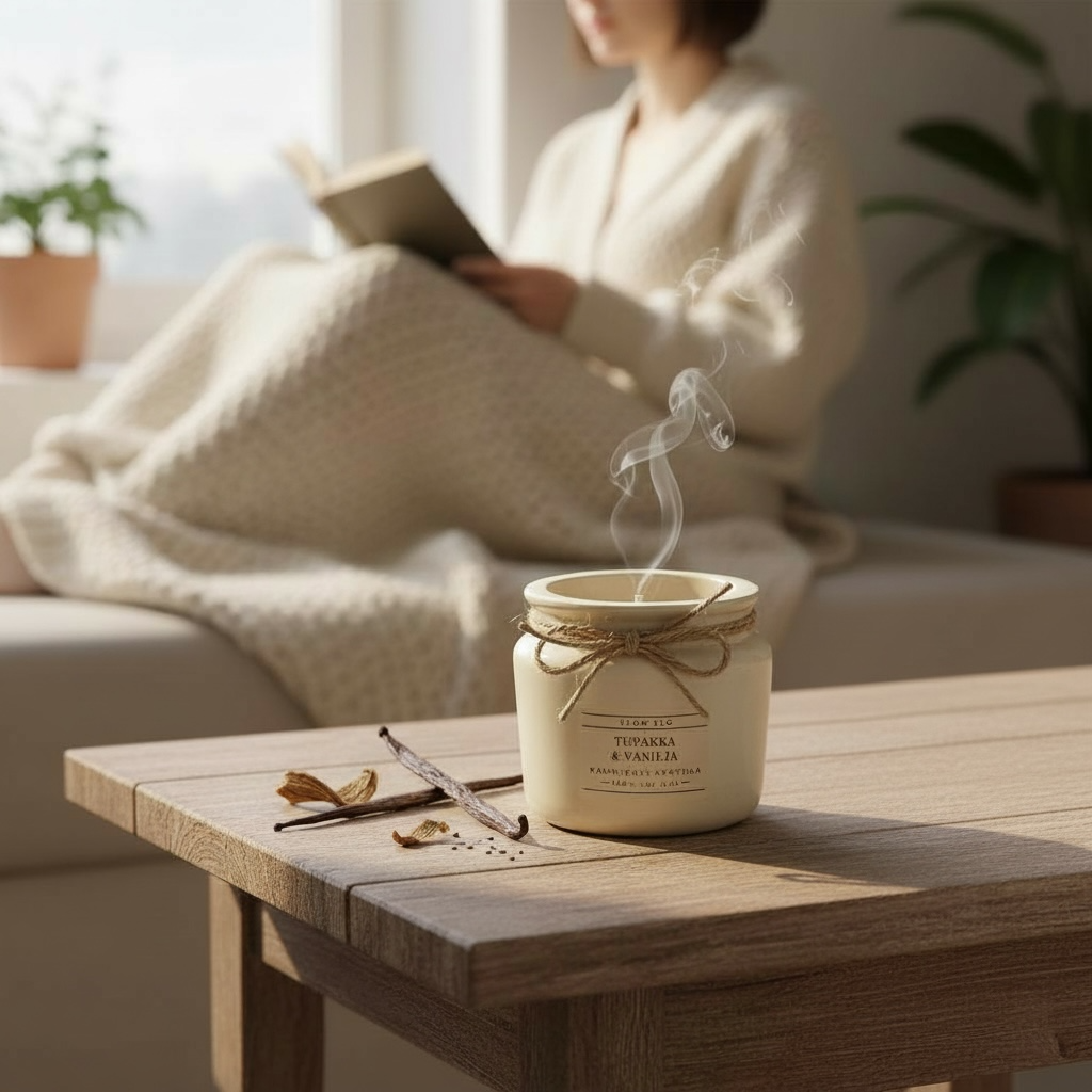 Käsintehty ekologinen tuoksukynttilä Tabak & Vanilja Flow Flolta vaaleanbeigessä purkissa juuttinarulla koristeltuna puupöydällä – hienostunut savuisen tabak ja pehmeä vanilja luonnollisena soijavahakynttilänä.