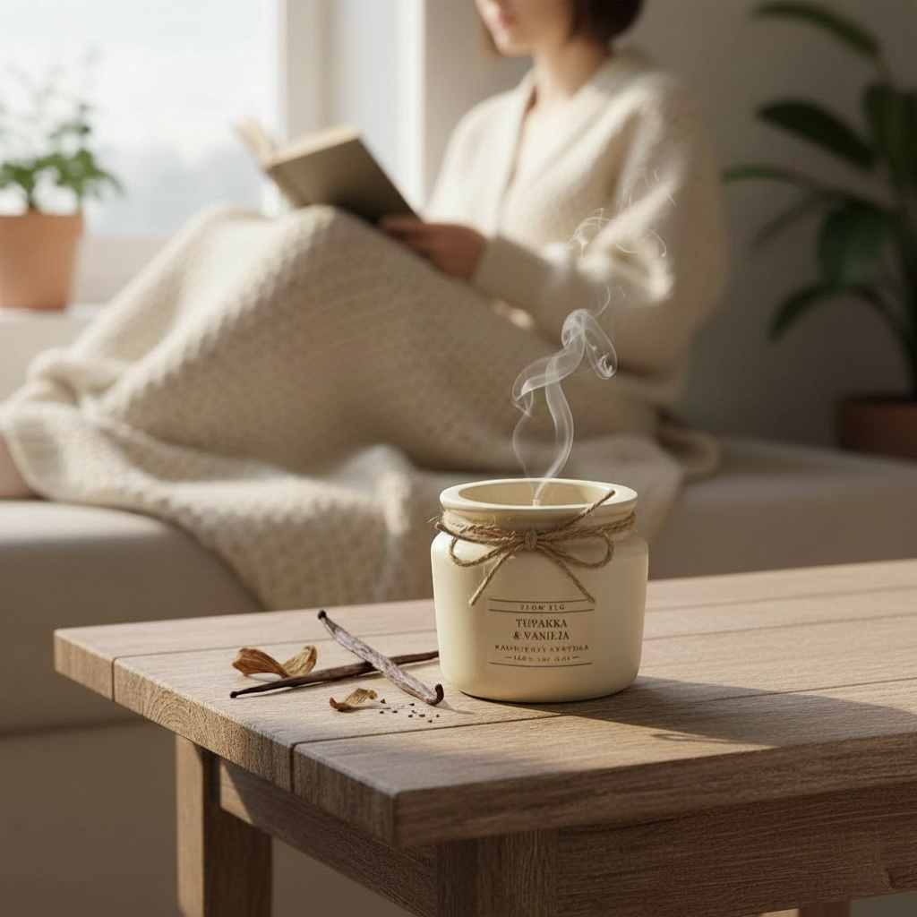 Käsintehty ekologinen tuoksukynttilä Tabak & Vanilja Flow Flolta vaaleanbeigessä purkissa juuttinarulla koristeltuna puupöydällä – hienostunut savuisen tabak ja pehmeä vanilja luonnollisena soijavahakynttilänä.