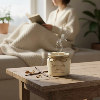 Käsintehty ekologinen tuoksukynttilä Tabak & Vanilja Flow Flolta vaaleanbeigessä purkissa juuttinarulla koristeltuna puupöydällä – hienostunut savuisen tabak ja pehmeä vanilja luonnollisena soijavahakynttilänä.