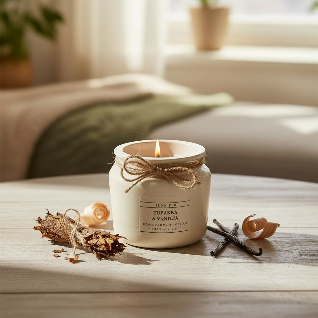 Lämmin Tabak & Vanilja tuoksukynttilä Flow Flo -sarjasta, 100 % luonnollinen soijavaha, kaunis beige purkki narukoristeella – kodikas ja rentouttava käsintehty kynttilä tunnelmavaloon.