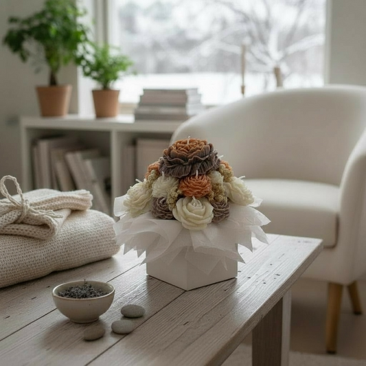 Maanläheinen pioni kynttiläkimppu lahjapakkauksessa – 100% soijavaha, käsintehty Suomessa