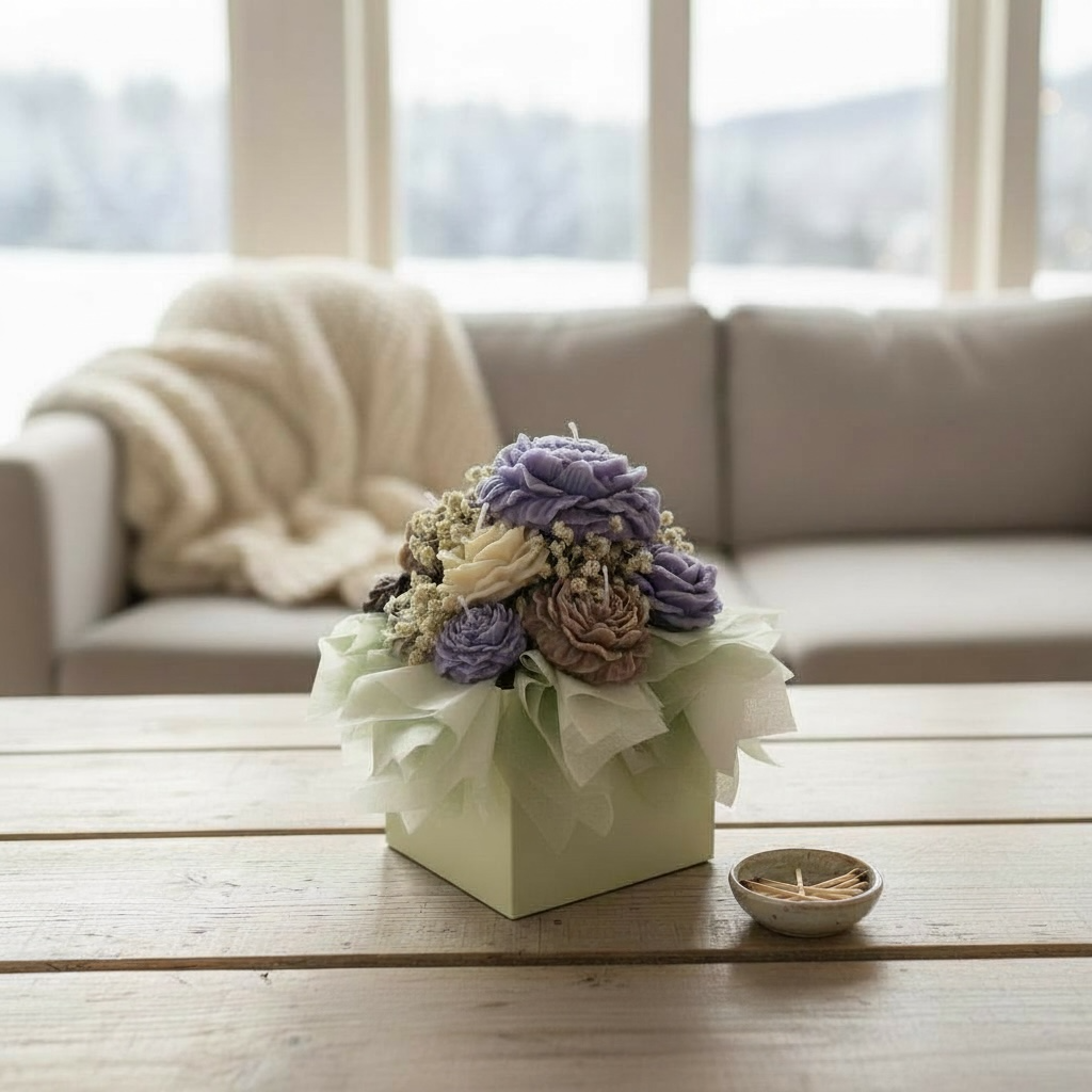 Lahjaidea: käsintehty soijavaha kynttiläbouquet vaaleanvihreässä rasiassa ikkunalla