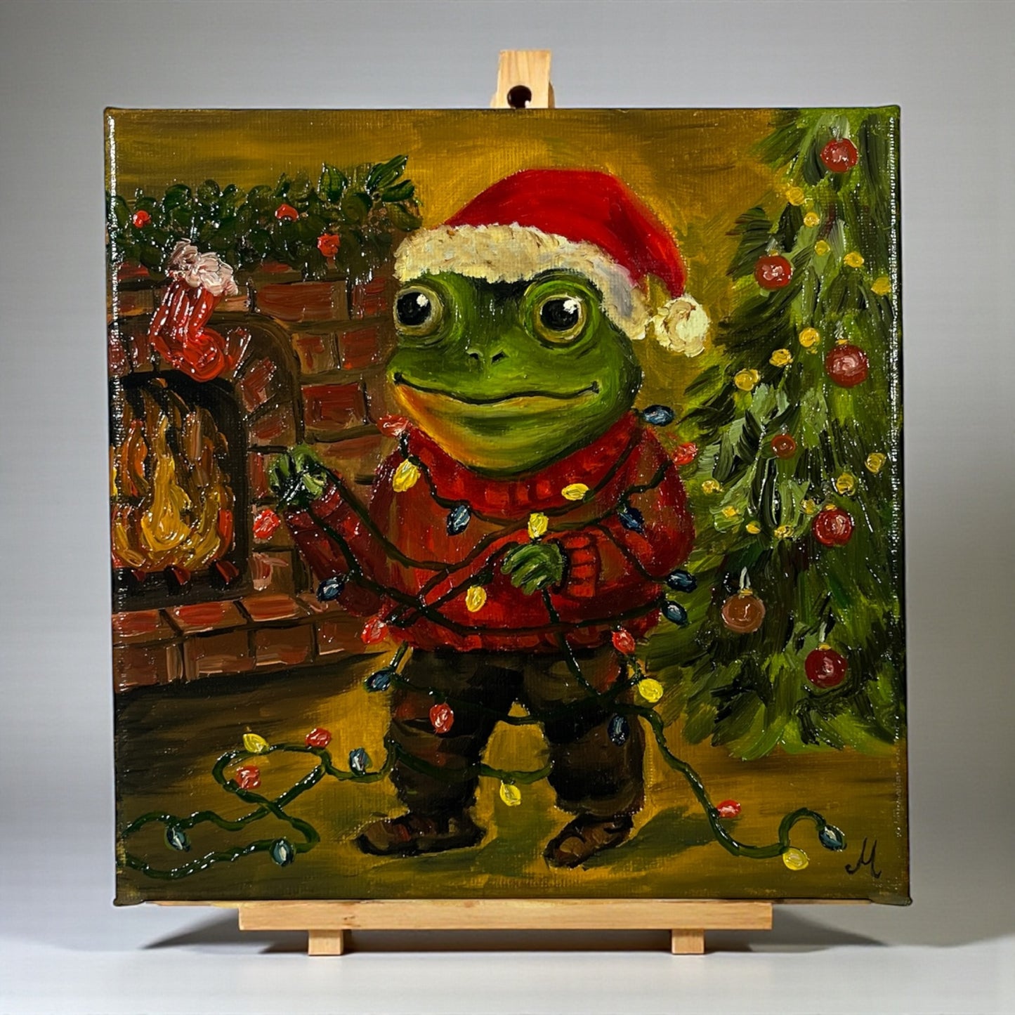 Käsinmaalattu öljymaalaus jouluisesta sammakkohahmosta, Froggies-kokoelman Christmas Frog