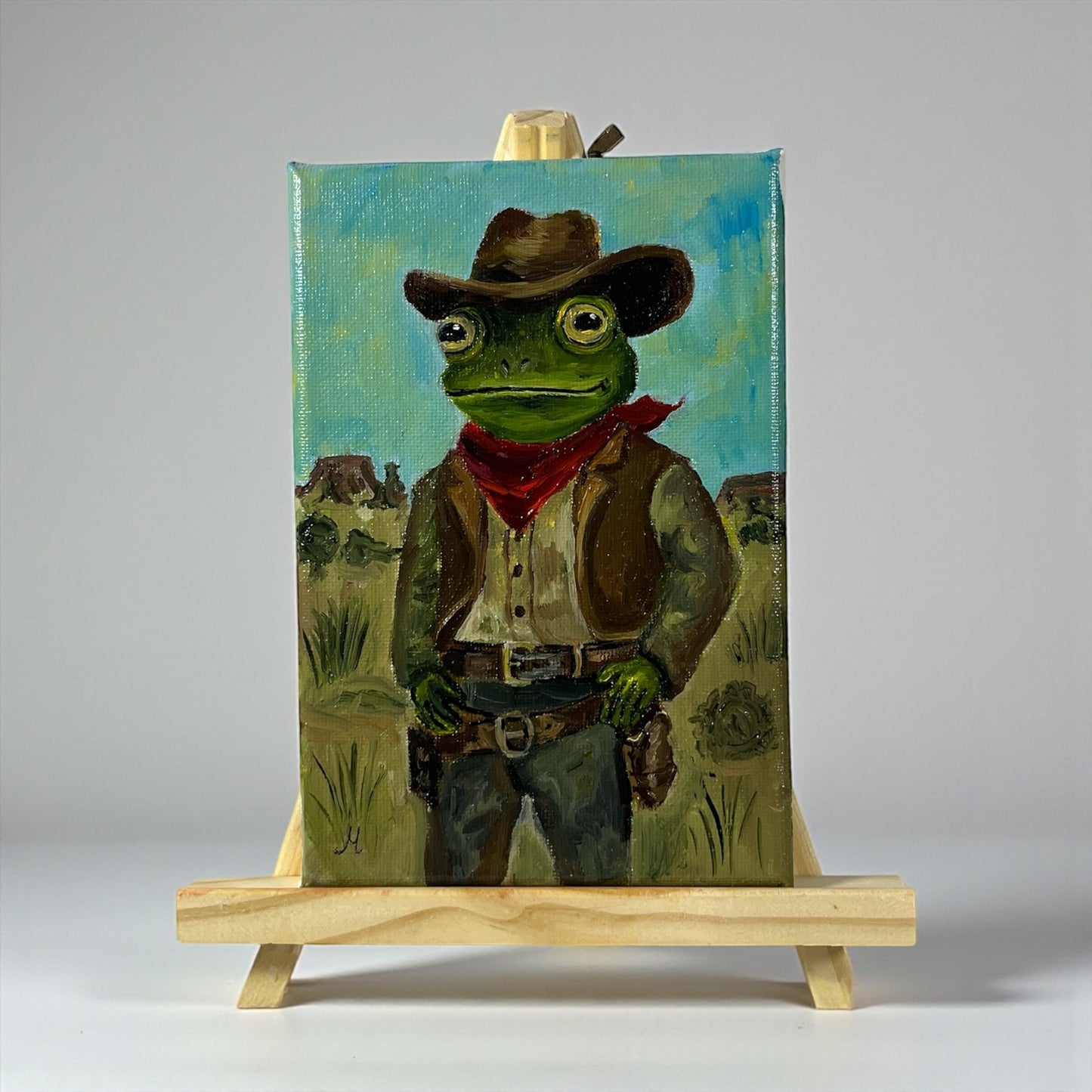 Alkuperäinen öljymaalaus cowboy-tyylisestä sammakosta, Froggies-sarjan käsintehty taideteos