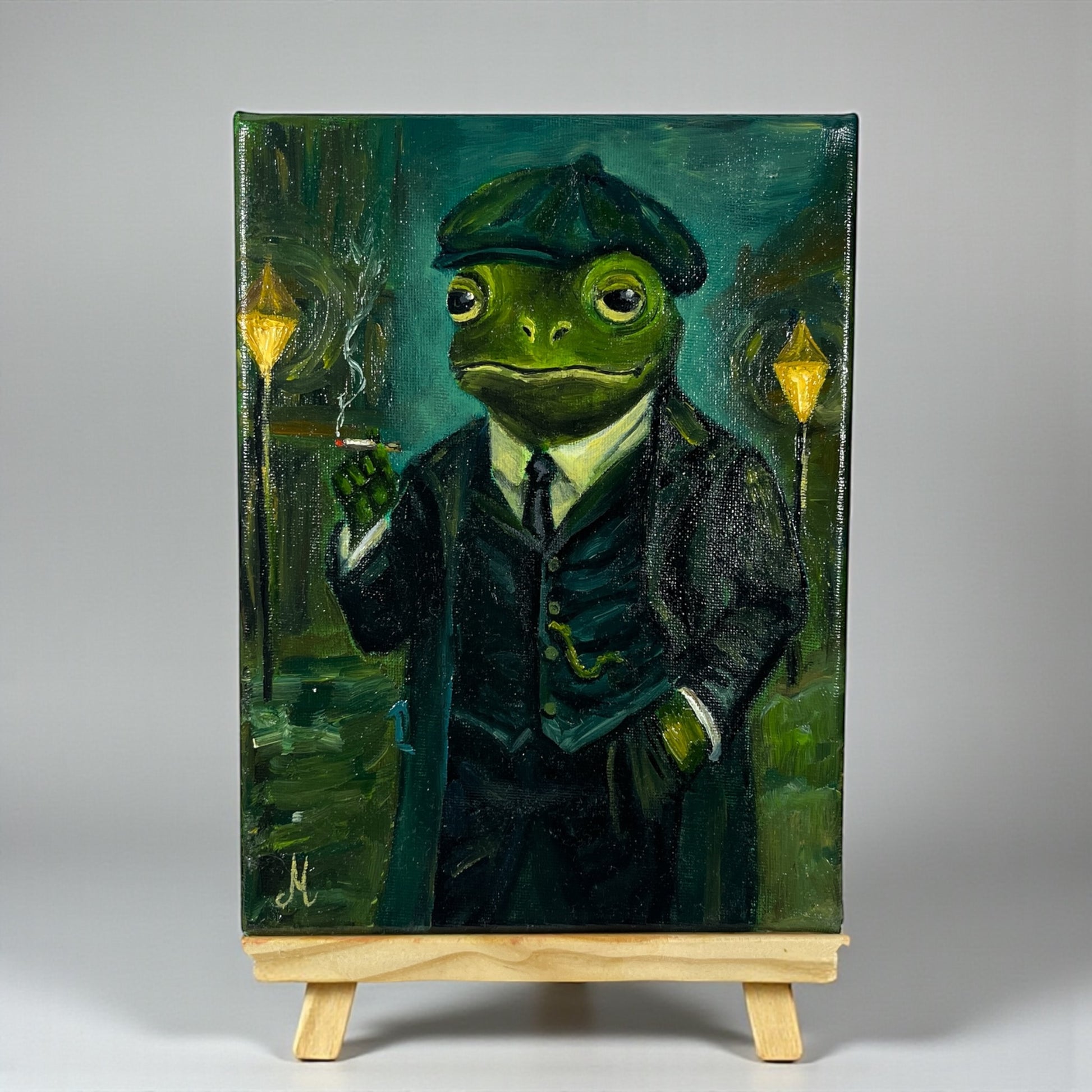 Alkuperäinen öljymaalaus sammakosta puvussa ja lakissa, Froggies-sarjan käsintehty taideteos