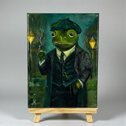 Alkuperäinen öljymaalaus sammakosta puvussa ja lakissa, Froggies-sarjan käsintehty taideteos