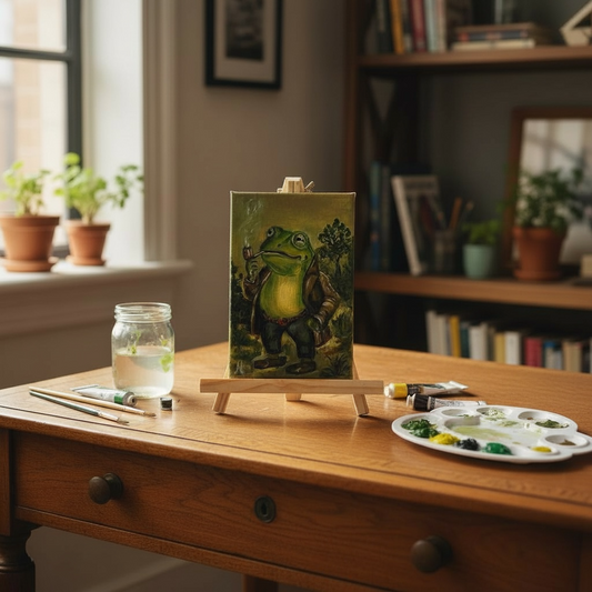 Käsintehty öljymaalaus gentleman-tyylisestä sammakosta luonnon keskellä