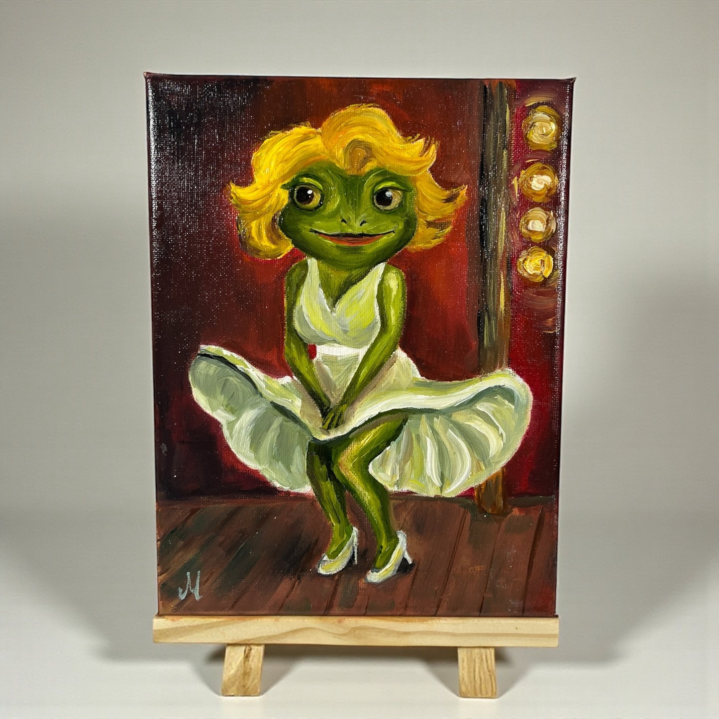 Alkuperäinen öljymaalaus Marilyn Monroe -henkisestä sammakkohahmosta, Froggies-sarja
